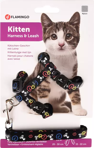 Kissanpennun valjas ja talutin 120cm Topo musta Flamingo - Kissan valjaat - 056500 - 2