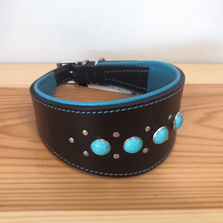 Vinttikoirapanta nahkaa 38cm musta-turkoosi koristein Onega - Koiran solkipannat - 027740 - 1