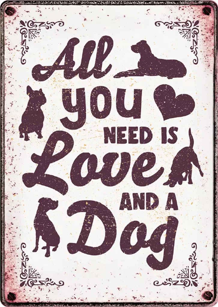 Metallikyltti "All you need is Love and a Dog" 21x14,8cm Flamingo - Varoitus- ja huomiokyltit - 059340 - 1