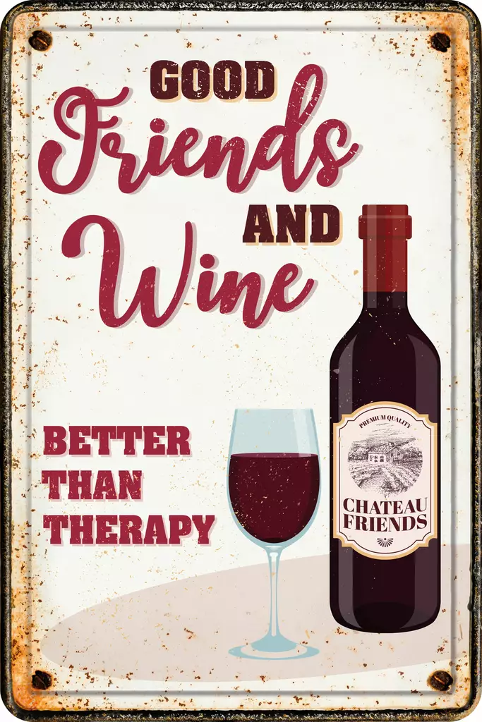 Metallikyltti "Good Friends and Wine Better than Therapy" 20x30cm Flamingo - Varoitus- ja huomiokyltit - 059320 - 1