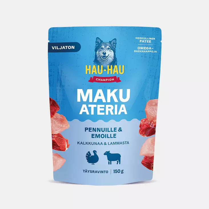 Makuateria Pennuille & Emoille viljaton kalkkuna-lammas ateria 150g Hau Hau Champion - Säilykeet pennuille ja kasvatukseen - 055740 - 1