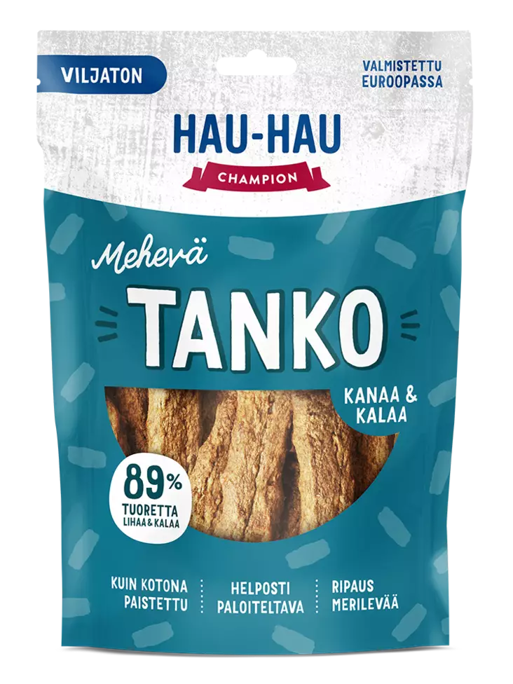 Viljaton herkkutanko Mehevä Kanaa ja Kalaa 140g Hau Hau Champion - Koiran herkut ja makupalat - 046570 - 1