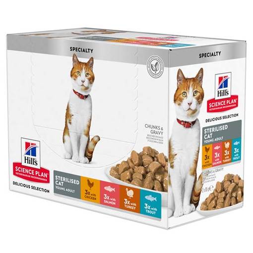 Sterilised Young Adult kana, kalkkuna, taimen ja lohi 12x85g multipack Hill's Science Plan cat - Aikuisten kissojen säilykkeet - 000161 - 1