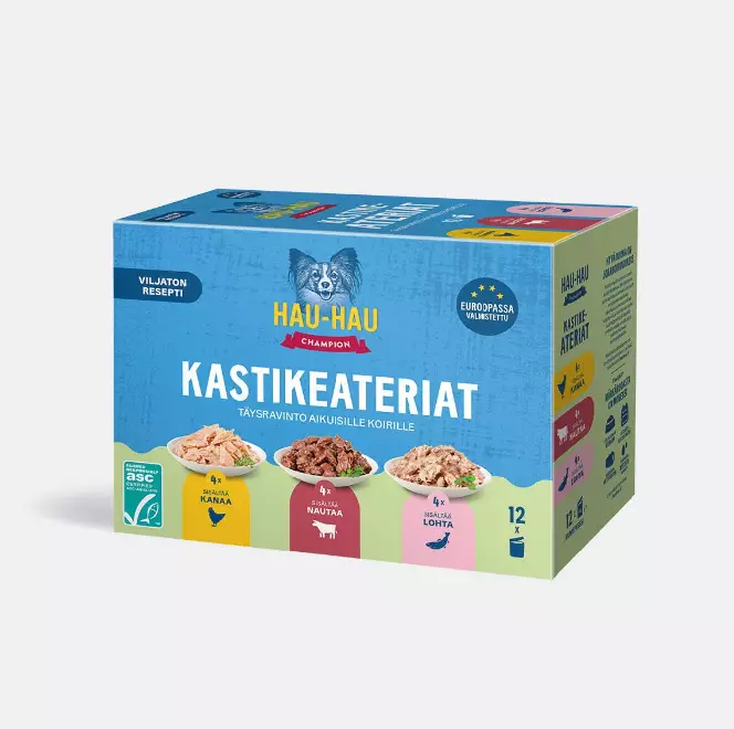 Kastikeateriat 12x85g Viljaton resepti Hau Hau Champion - Koiran säilykkeet aikuisille koirille - 029811 - 2