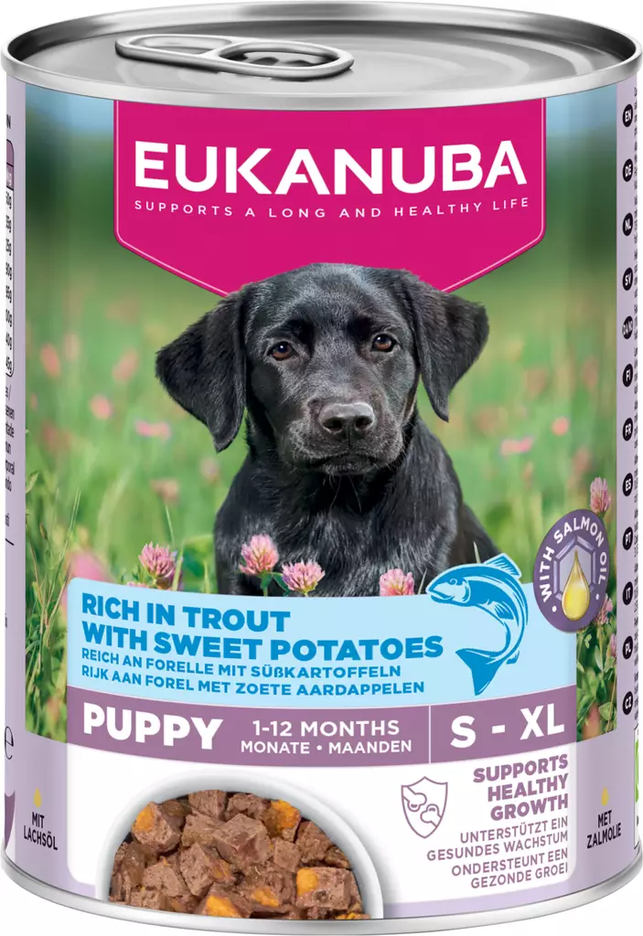 Puppy Kana Taimen Bataatti 400g säilyke Eukanuba - Säilykeet pennuille ja kasvatukseen - 055242 - 1