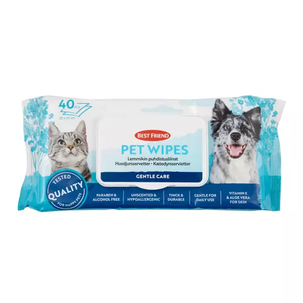 Puhdistusliinat Pet Wipes 40kpl hajusteeton Best Friend - Koiran puhdistusliinat ja kuivapesu - 052142 - 1