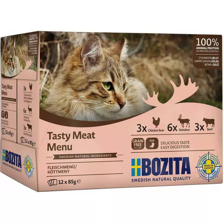 Tasty Meat Menu 12x85g lajitelma geeli Bozita cat - Aikuisten kissojen säilykkeet - 047892 - 1