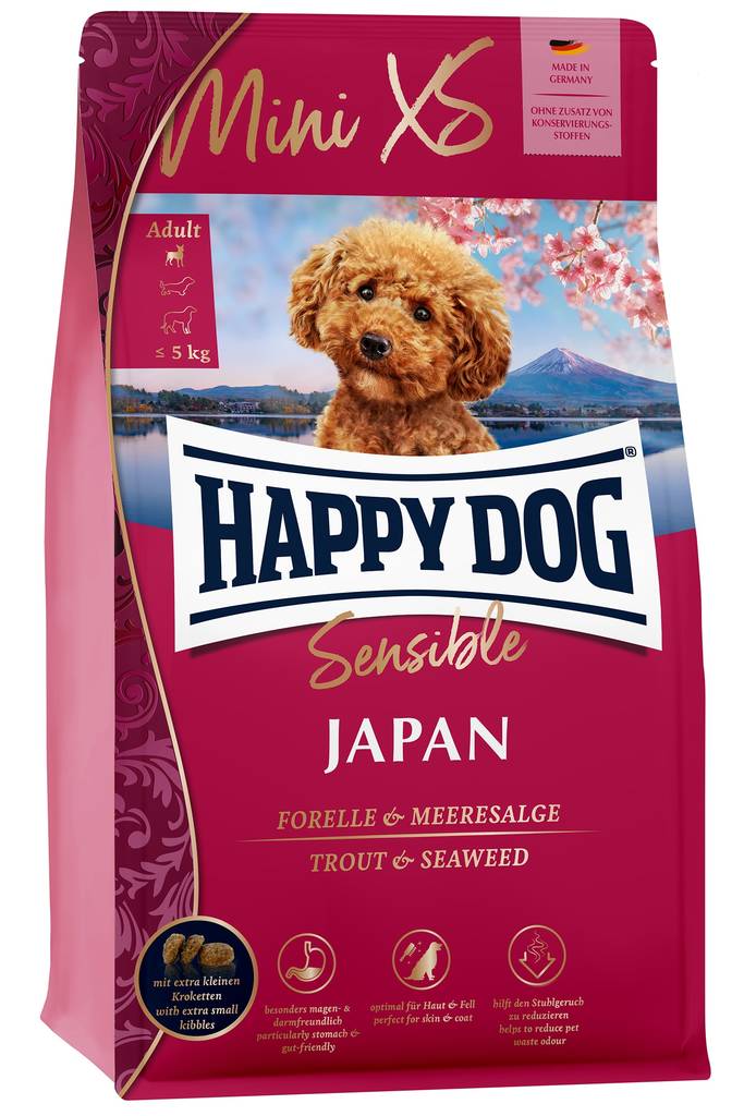 Mini XS Japan kanaa, taimenta ja merilevää Sensible Happy Dog - Koiran kuivaruoat aikuisille koirille - 025903 - 1