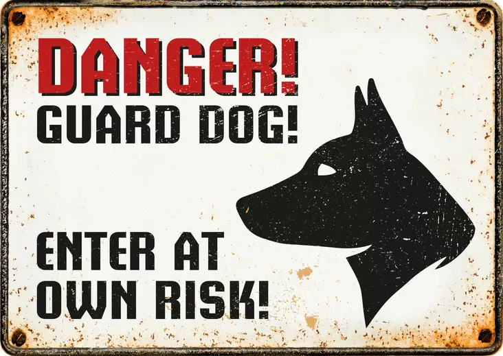 Metallikyltti "Danger! Guard dog! Enter at own risk!" 21x14,8cm Flamingo - Varoitus- ja huomiokyltit - 059343 - 1