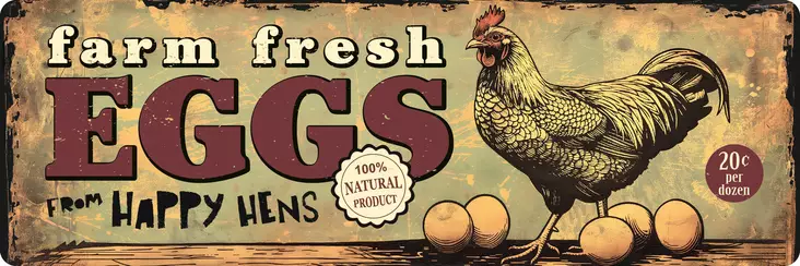 Metallikyltti "Farm Fresh Eggs from Happy Hens" 27x9cm Flamingo - Varoitus- ja huomiokyltit - 059323 - 1