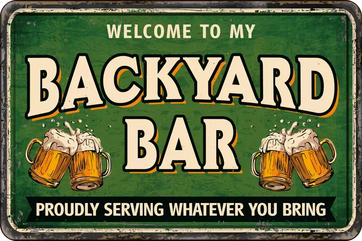 Metallikyltti "Welcome to my Backyard Bar. Proudly serving whatever you bring." 30x20cm Flamingo - Varoitus- ja huomiokyltit - 059313 - 1