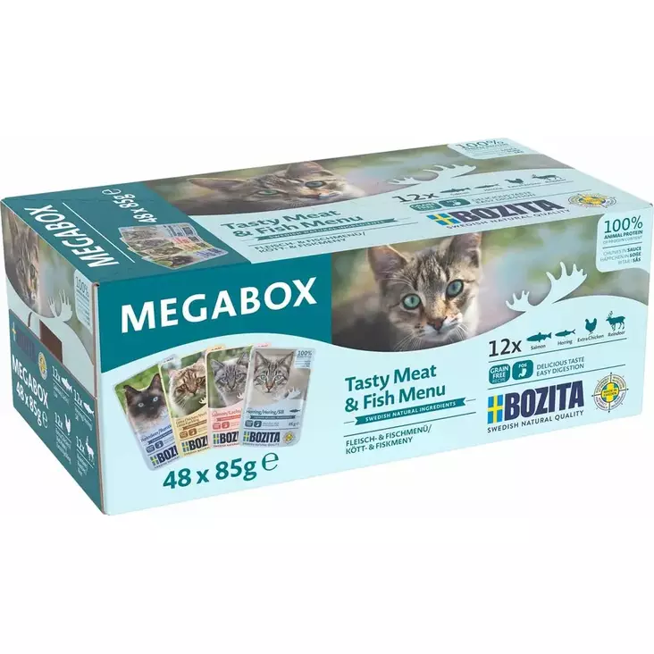 Tasty Meat & Fish Megabox 48x85g kastike Bozita cat - Aikuisten kissojen säilykkeet - 053833 - 1