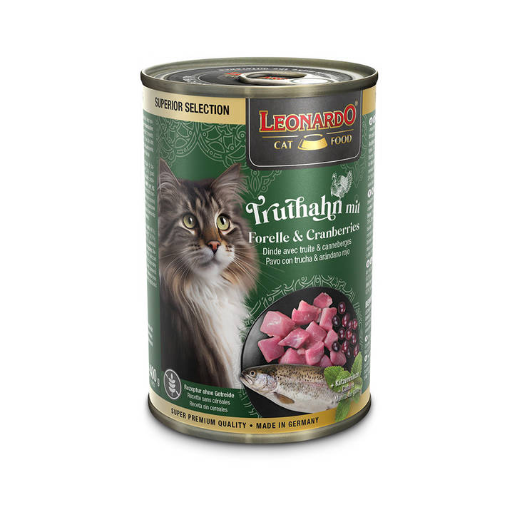 Kalkkuna Taimen karpalo kissanminttu 400g Leonardo Superior - Aikuisten kissojen säilykkeet - 038754 - 1