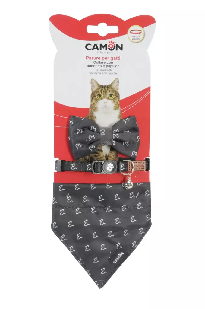 Säädettävä kissanpanta huivilla ja rusetilla Black kuvioinnilla Camon - Aikuisen kissan pannat - 053244 - 1