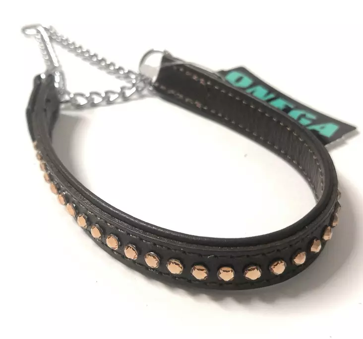 Puolikiristävä nahkapanta strassein ruskea/strassimix "Kalliskivi" ONEGA - Koiran puolikiristävät pannat - 049944 - 1