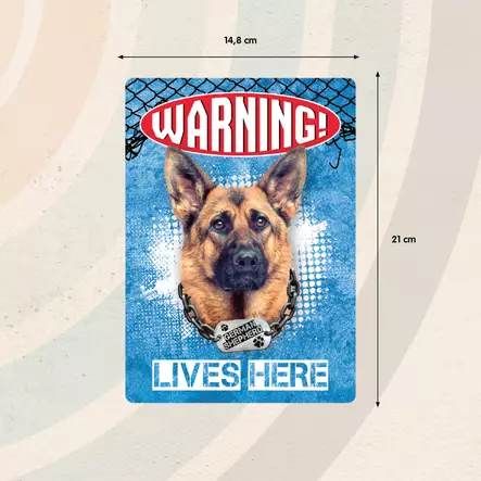 Metallikyltti "Warning! German Shepherd lives here" 21x14,8cm Flamingo - Varoitus- ja huomiokyltit - 059345 - 2