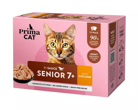 Senior 7+ kanaa kastikkeessa 12x85g Classic PrimaCat - Ikääntyvien kissojen säilykkeet - 058095 - 1