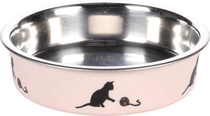 Teräskuppi Kena 160ml 11,5cm kissakuvio pinkki musta Flamingo - Kissan metallikupit - 038205 - 1