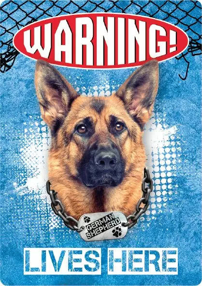 Metallikyltti "Warning! German Shepherd lives here" 21x14,8cm Flamingo - Varoitus- ja huomiokyltit - 059345 - 1