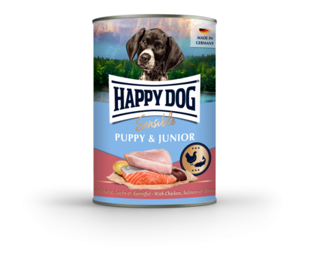 Puppy & Junior 400g kana - lohi - peruna Sensible Happy Dog - Säilykeet pennuille ja kasvatukseen - 037386 - 1