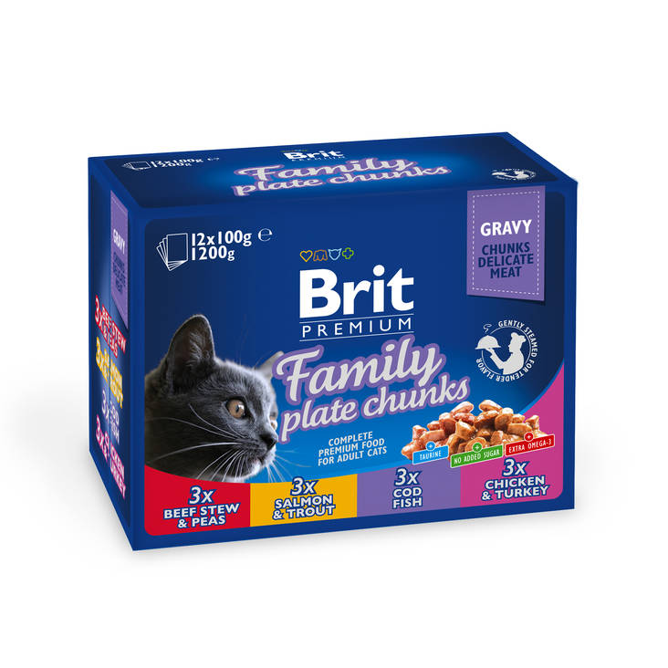 Cat Family Plate Chunks liha-kala 12x100g kastikkeessa Brit Premium by Nature - Aikuisten kissojen säilykkeet - 029956 - 1
