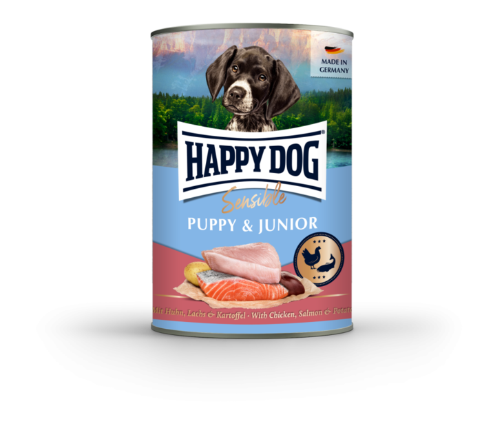 Puppy & Junior 400g kana - lohi - peruna Sensible Happy Dog - Säilykeet pennuille ja kasvatukseen - 037386 - 1