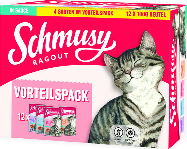 Kastikelajitelma 12x100g Ragout Schmusy - Aikuisten kissojen säilykkeet - 023267 - 1