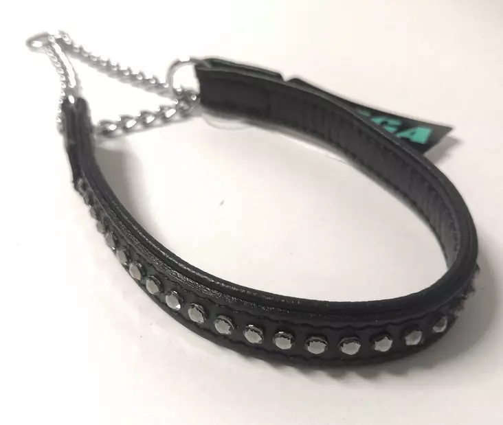 Puolikiristävä nahkapanta strassein musta/strassimix "Kalliskivi" ONEGA - Koiran puolikiristävät pannat - 049937 - 1