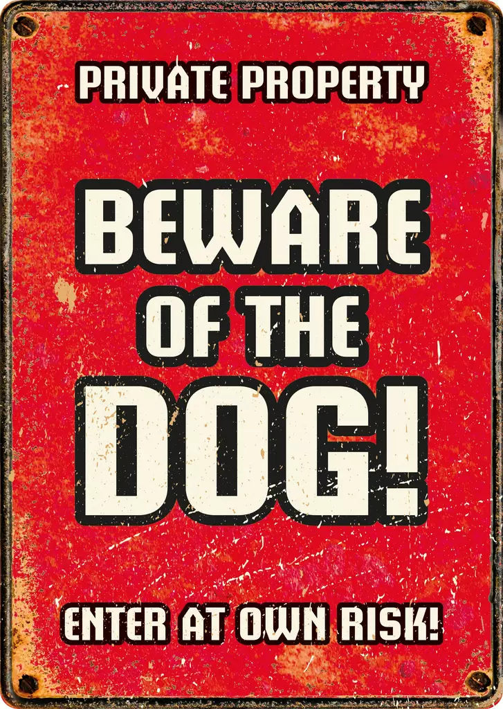 Metallikyltti "Private property - Beware of the Dog! - Enter at own risk!" 21x14,8cm Flamingo - Varoitus- ja huomiokyltit - 059337 - 1