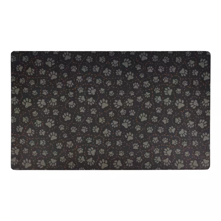 Ruokailualusta Paw Path 51x30cm musta, harmaat tassut, oranssi katkoviiva Drymate - Koiran ruokinta-alustat - 052687 - 1