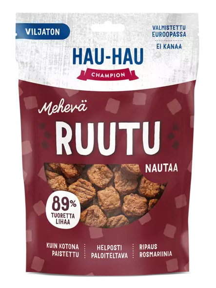 Viljaton herkkuruutu Mehevä Nautaa 140g Hau Hau Champion - Koiran herkut ja makupalat - 046578 - 1