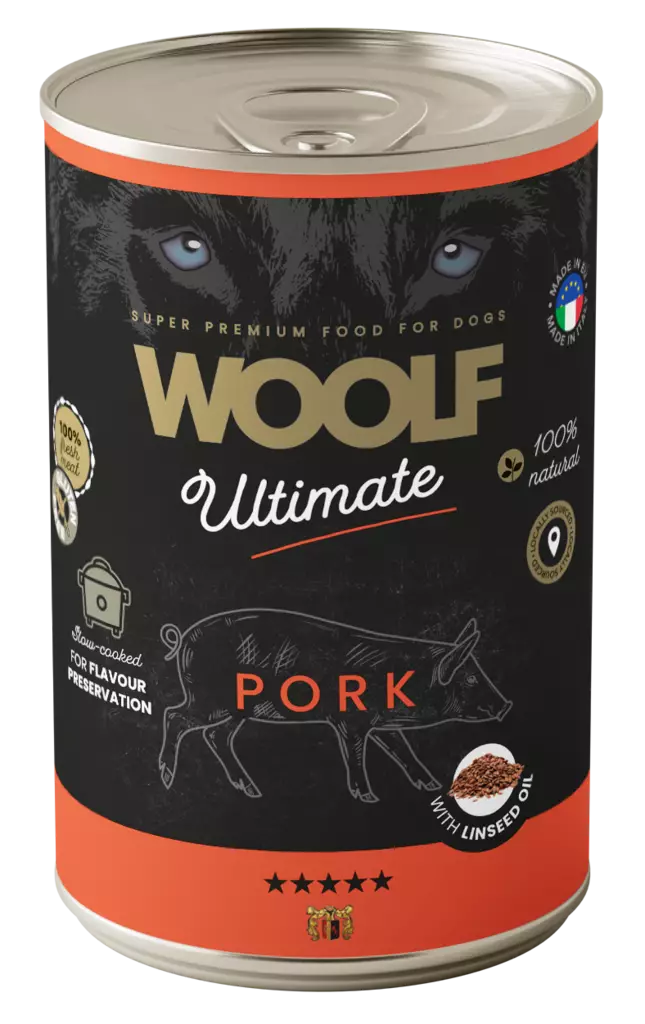 Sika & pellavaöljy 400g purkki Ultimate Canned Dogfood Woolf - Koiran säilykkeet aikuisille koirille - 052618 - 1
