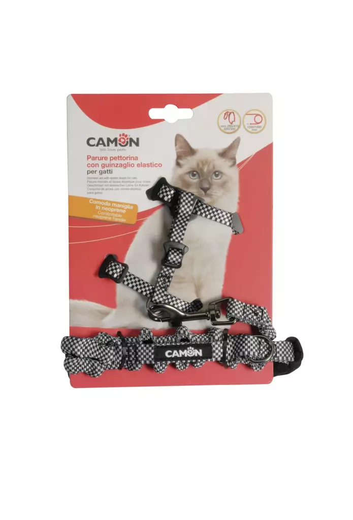 Kissanvaljaat joustavalla taluttimella harmaa ruutukuvio Camon - Kissan valjaat - 053238 - 1