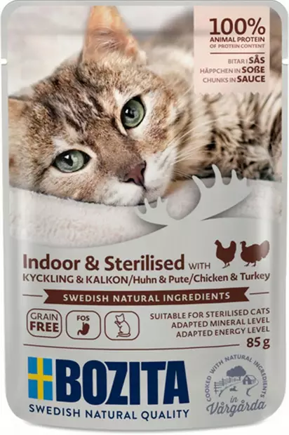 Indoor & Sterilised Kanaa ja kalkkunaa 85g kastikeessa Bozita - Aikuisten kissojen säilykkeet - 046629 - 2
