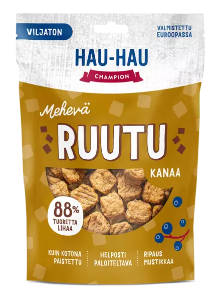 Viljaton herkkuruutu Mehevä Kanaa 140g Hau Hau Champion - Koiran herkut ja makupalat - 046579 - 1