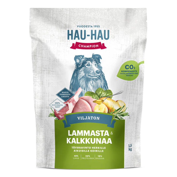 Lammas & Kalkkuna viljaton 1,5kg Hau Hau Champion - Koiran kuivaruoat aikuisille koirille - 029789 - 1
