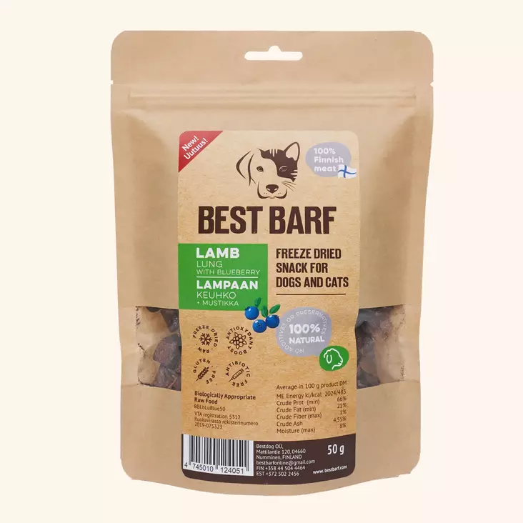 Lampaan keuhko+mustikka 100g Best Barf - Koiran herkut ja makupalat - 044539 - 1