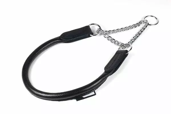 Puolikiristävä pyöristetty nahkapanta ketjulla musta ONEGA - Koiran puolikiristävät pannat - 049859 - 1